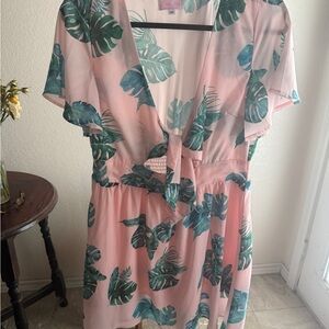 Pink Lily Pink and Green Leaf Print Mini Dress